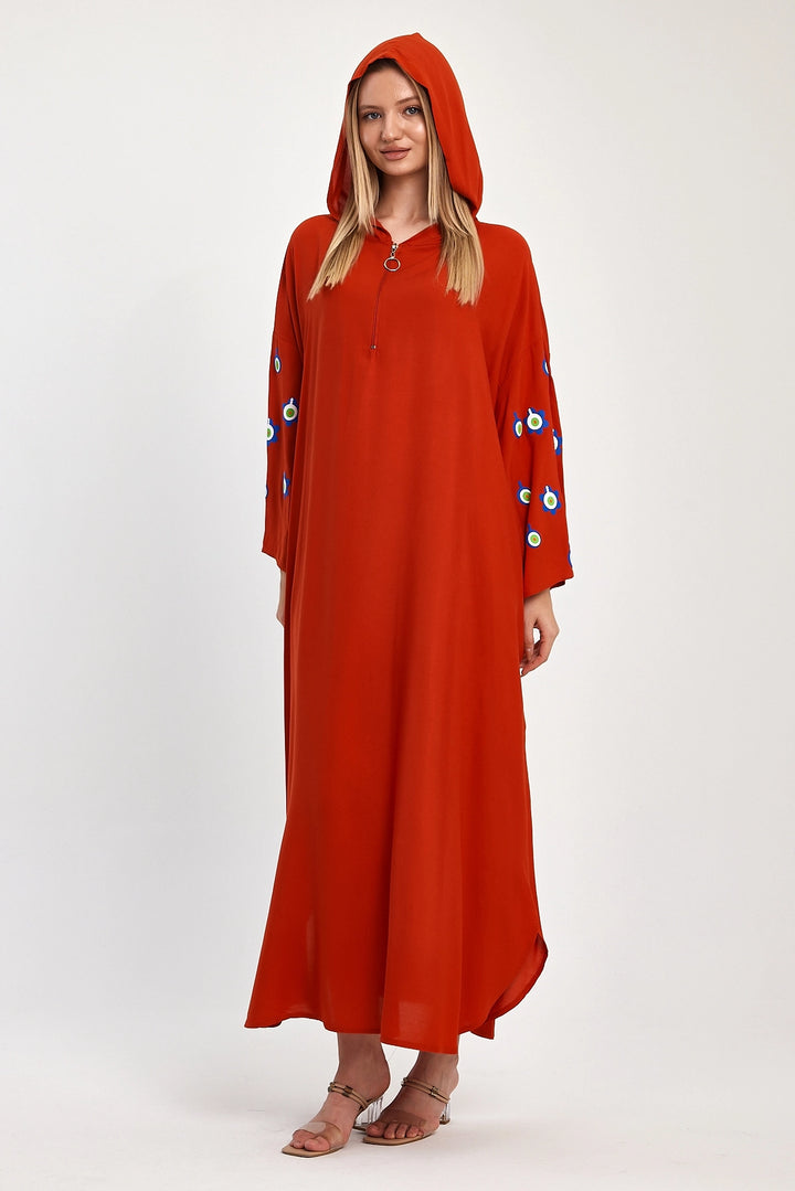 Maxi Boy Red Hooded Embroidered Knitted Viscose Dress BCVL-25981 - Lubbock