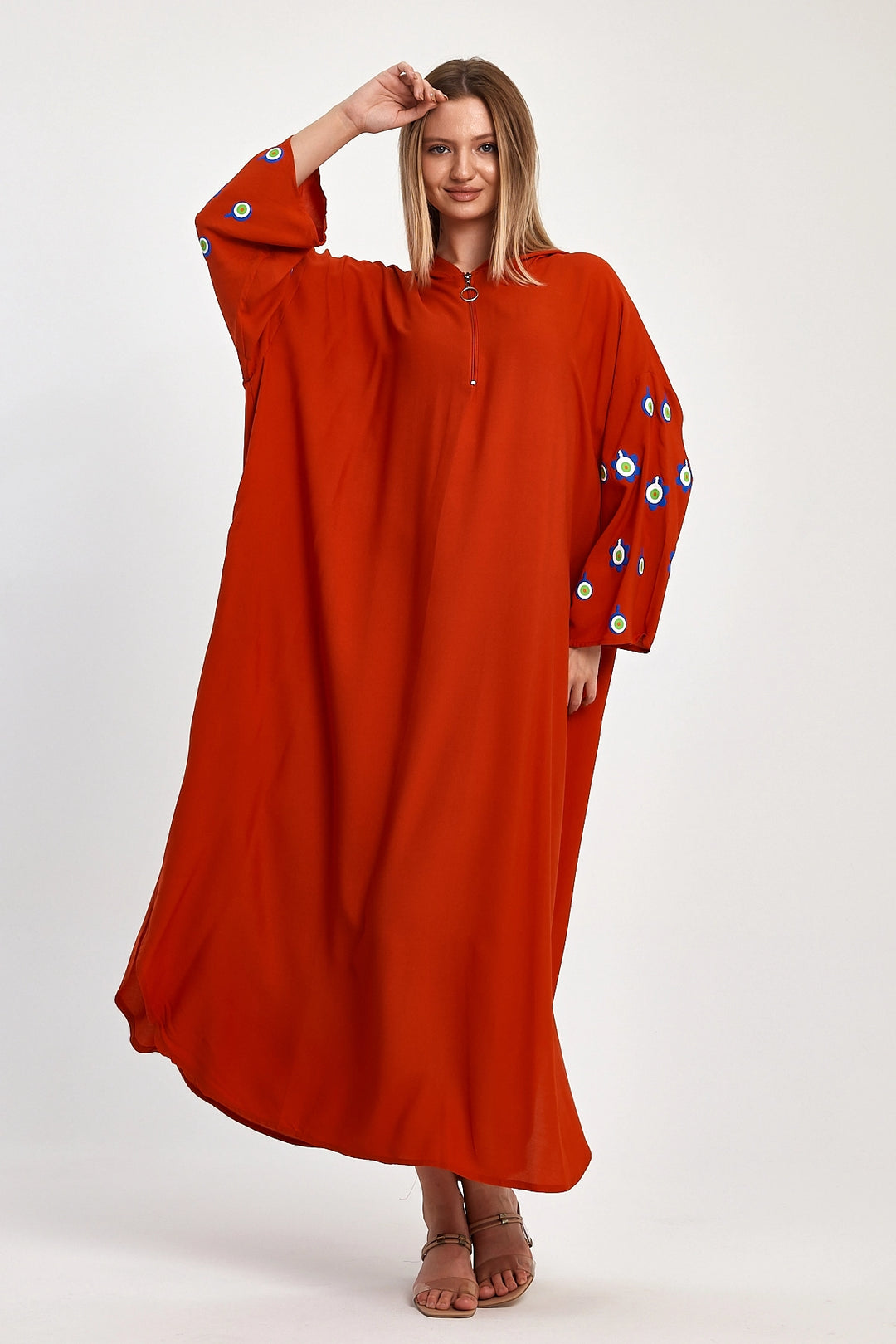Maxi Boy Red Hooded Embroidered Knitted Viscose Dress BCVL-25981 - Lubbock