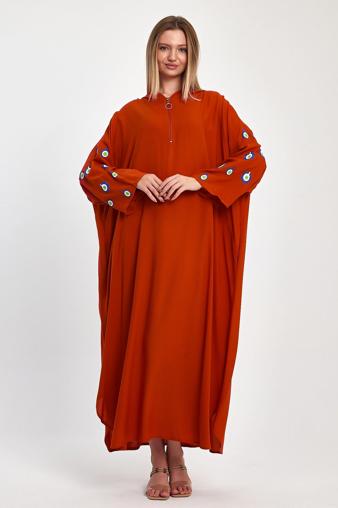 Maxi Boy Red Hooded Embroidered Knitted Viscose Dress BCVL-25981 - Lubbock