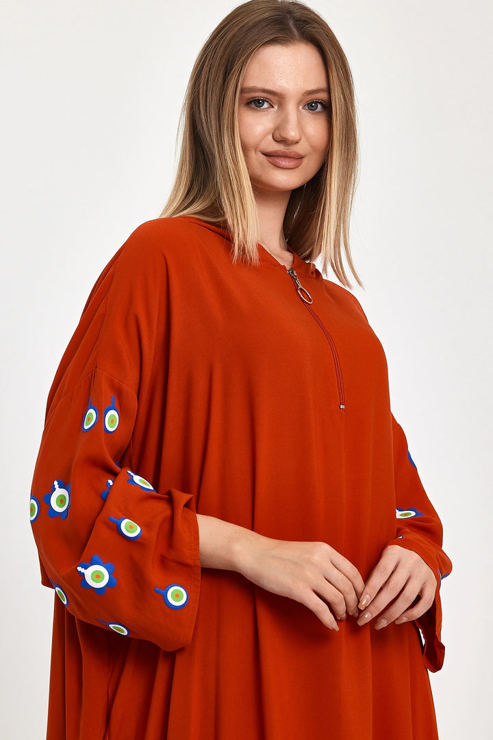 Maxi Boy Red Hooded Embroidered Knitted Viscose Dress BCVL-25981 - Lubbock