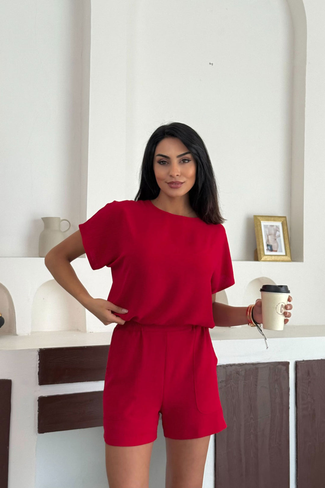 Red Linen Aerobin Woven Top and Bottom Set BCCM-253000 - Sankt Ingbert
