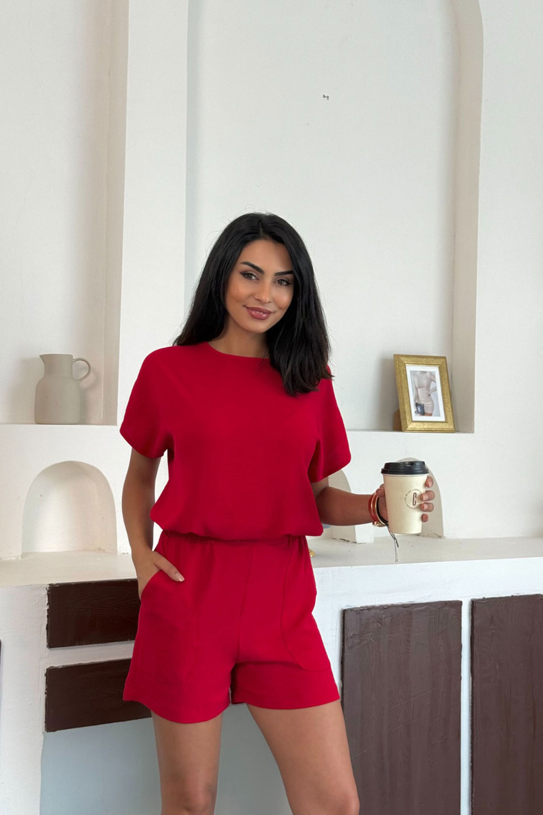 Red Linen Aerobin Woven Top and Bottom Set BCCM-253000 - Sankt Ingbert