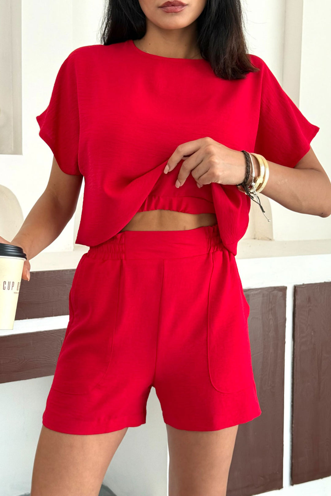 Red Linen Aerobin Woven Top and Bottom Set BCCM-253000 - Sankt Ingbert