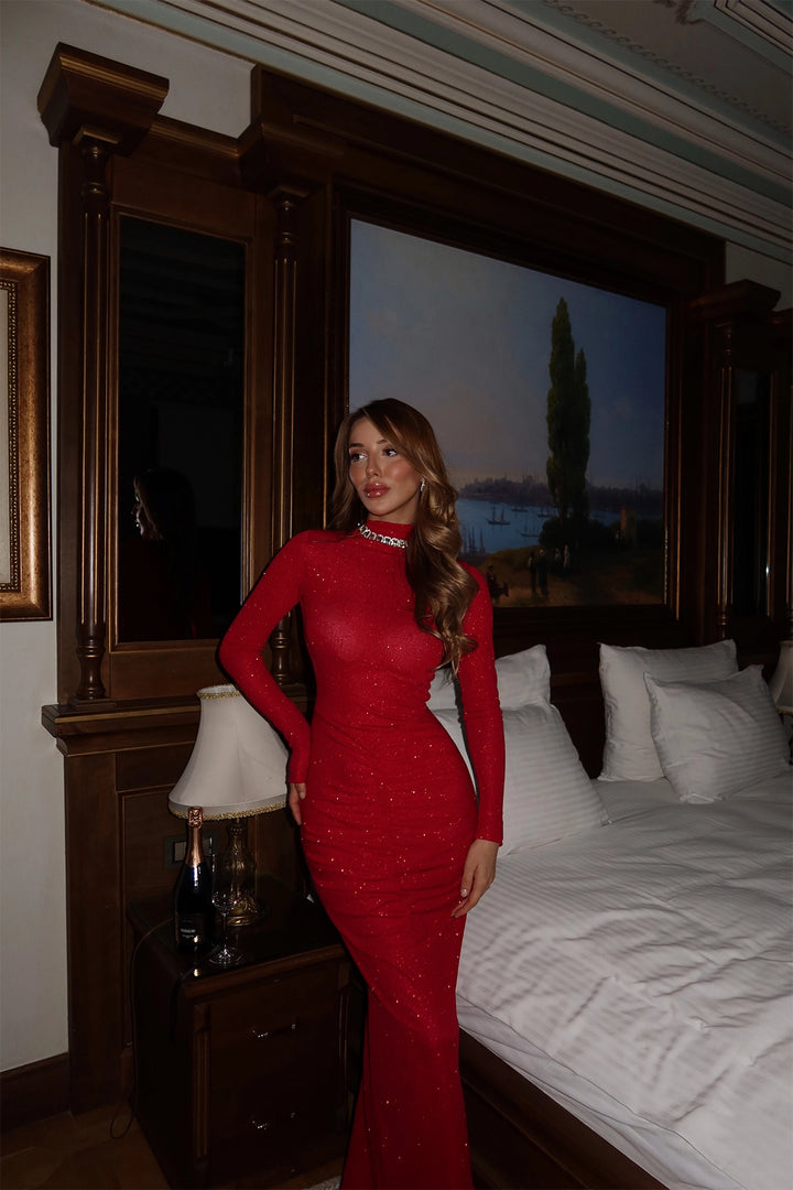 EYY Women Red Front Ruffled Long Dress - Molfetta