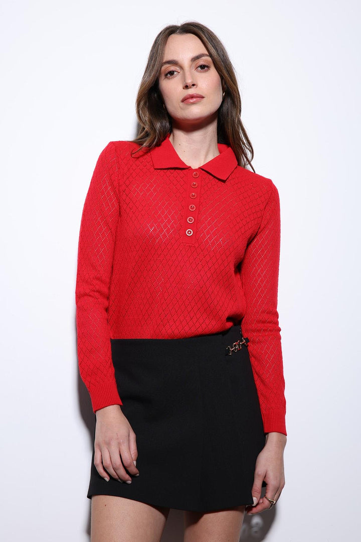 ANT Antioch Red Polo Neck Patterned Knit Women's Sweater - Cwmbran