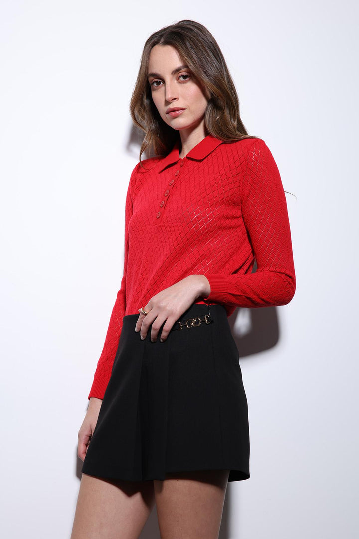 ANT Antioch Red Polo Neck Patterned Knit Women's Sweater - Cwmbran
