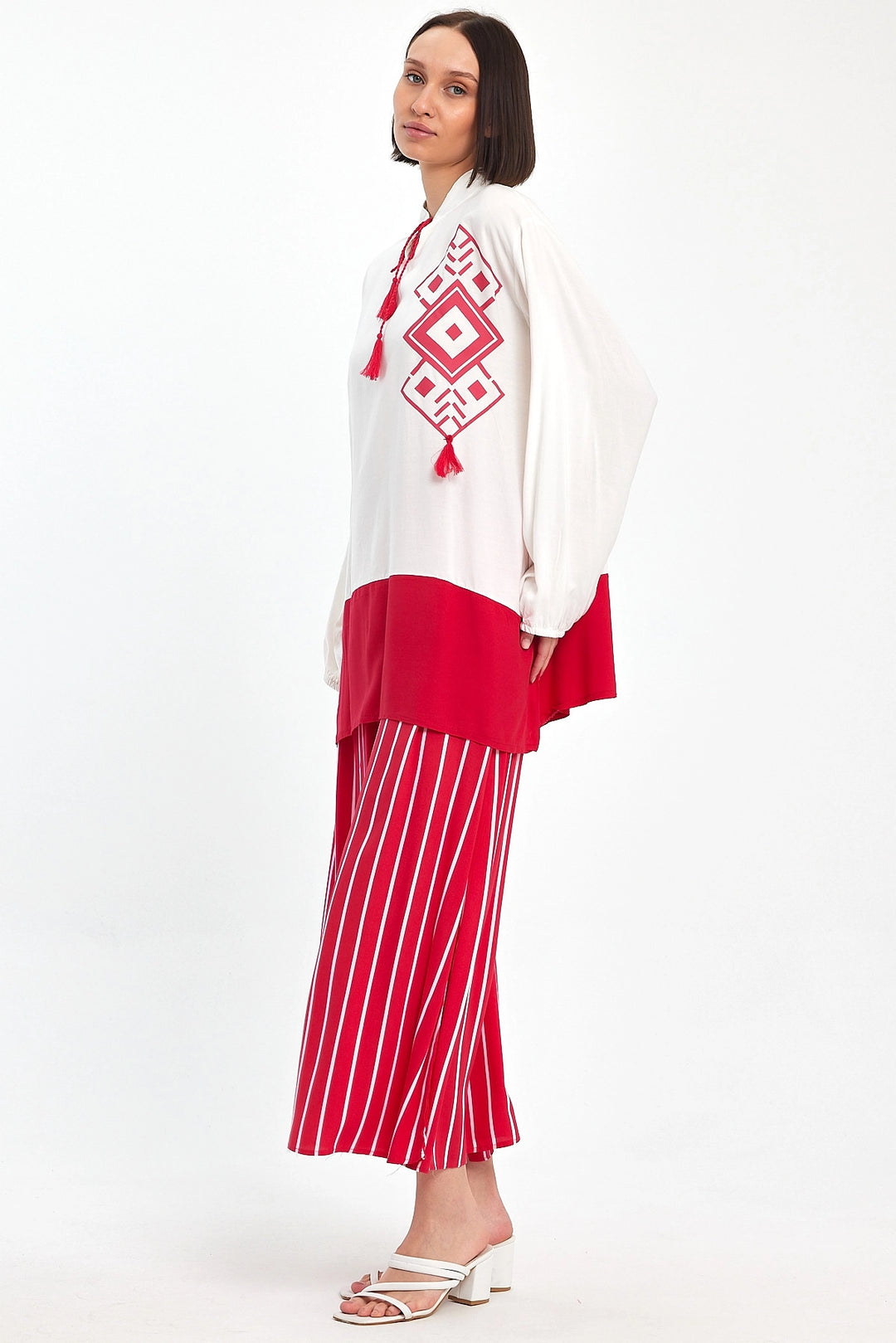 Maxi Boy Red Color Blocked Striped Pants and Long Tunic Top Set BCVL-241021 - Yecla