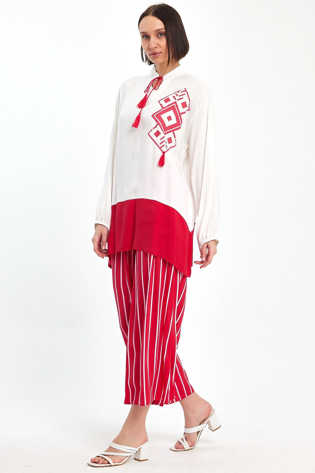 Maxi Boy Red Color Blocked Striped Pants and Long Tunic Top Set BCVL-241021 - Yecla