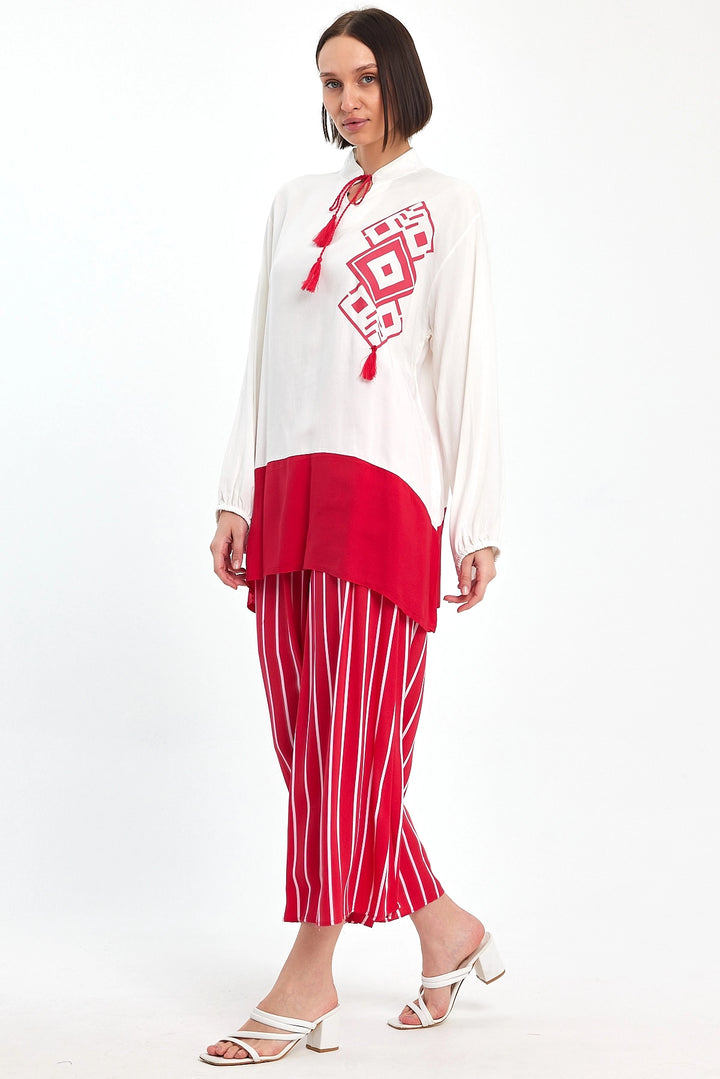 Maxi Boy Red Color Blocked Striped Pants and Long Tunic Top Set BCVL-241021 - Yecla