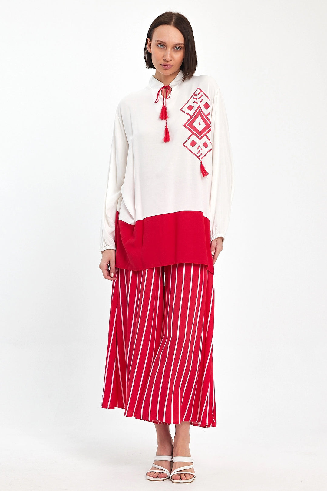 Maxi Boy Red Color Blocked Striped Pants and Long Tunic Top Set BCVL-241021 - Yecla