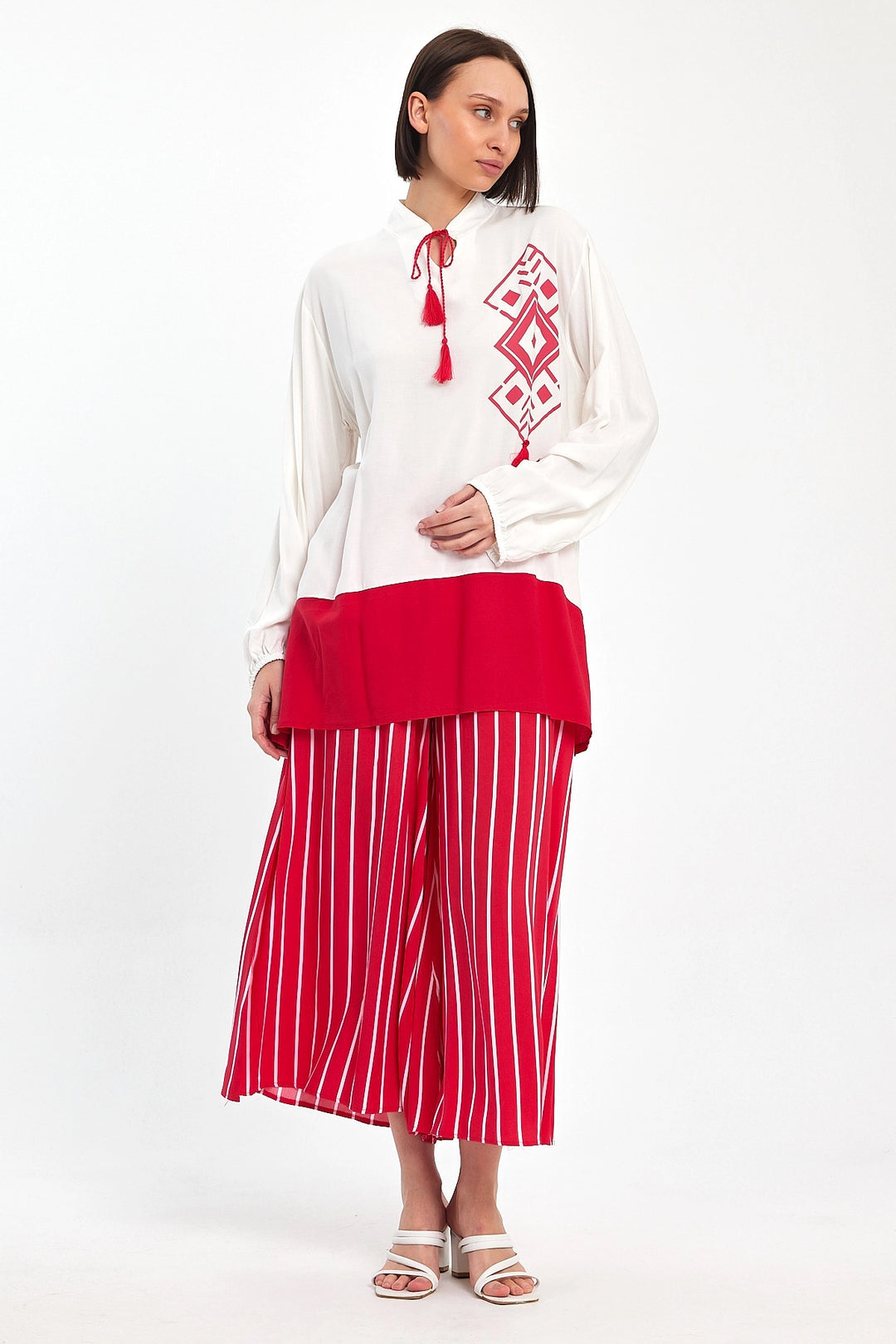 Maxi Boy Red Color Blocked Striped Pants and Long Tunic Top Set BCVL-241021 - Yecla