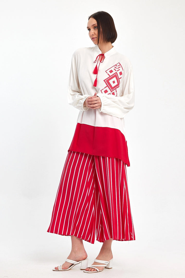 Maxi Boy Red Color Blocked Striped Pants and Long Tunic Top Set BCVL-241021 - Yecla