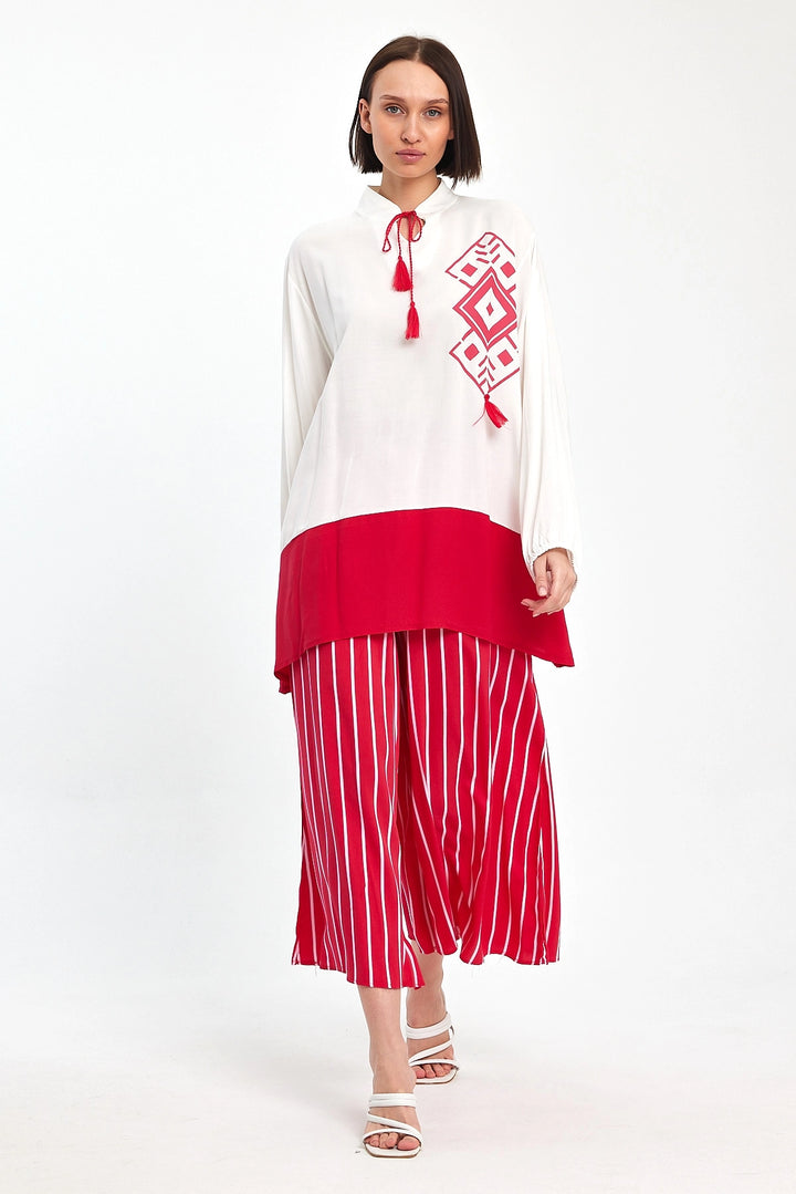 Maxi Boy Red Color Blocked Striped Pants and Long Tunic Top Set BCVL-241021 - Yecla