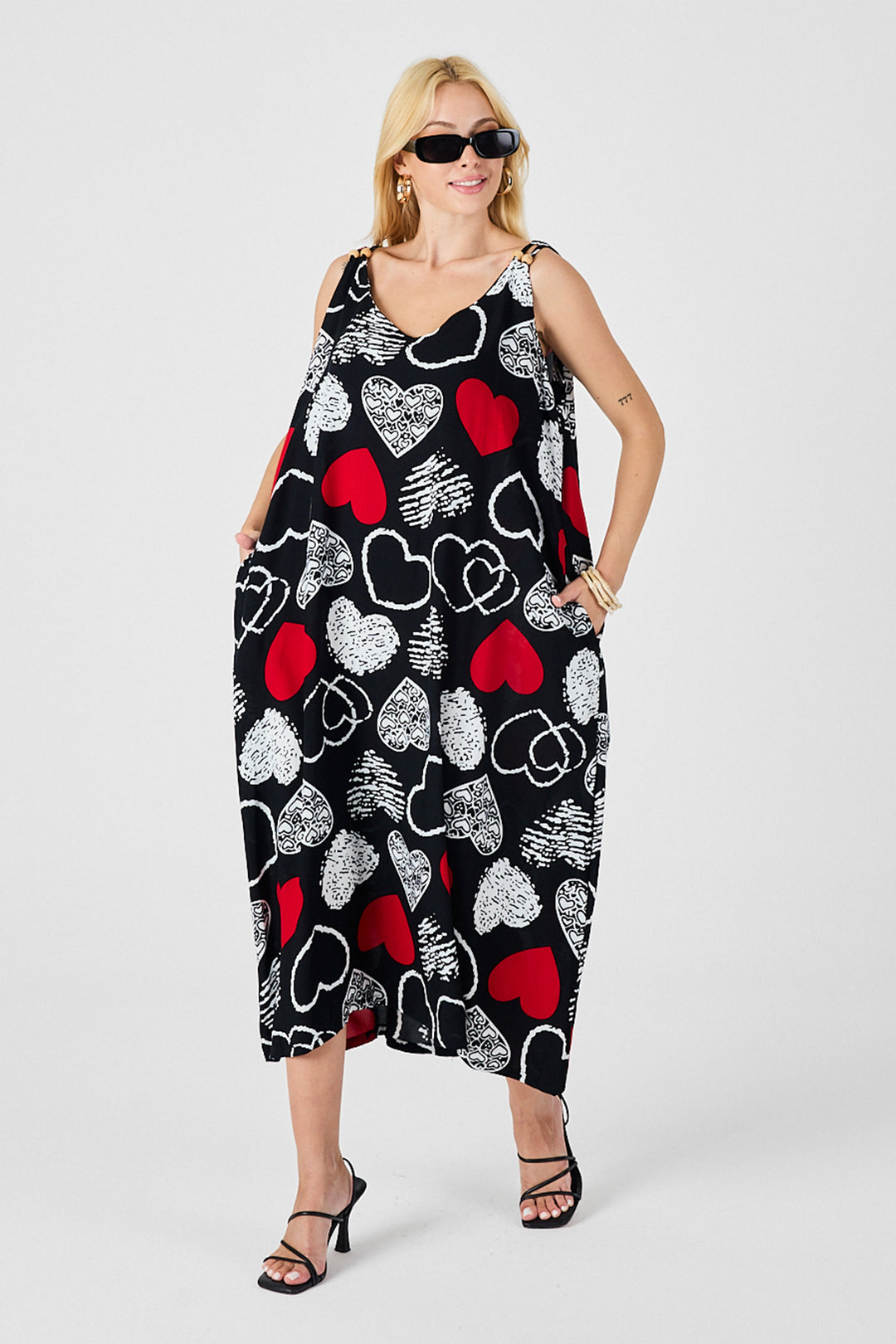 Red-Black Strappy Beaded Detail Loose Dress with Double Pockets Pattern BCVL-254027 - Marhanets