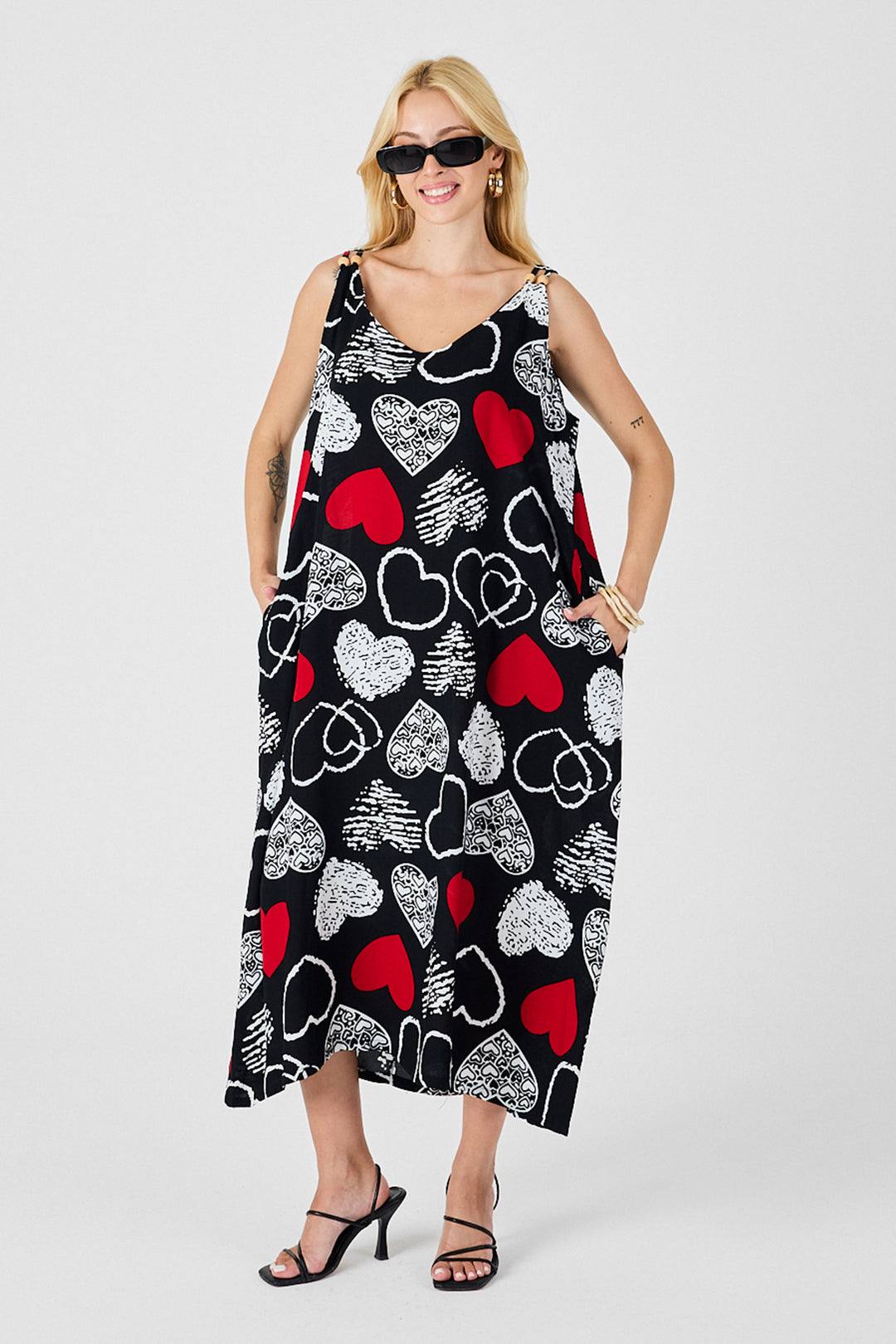 Red-Black Strappy Beaded Detail Loose Dress with Double Pockets Pattern BCVL-254027 - Marhanets