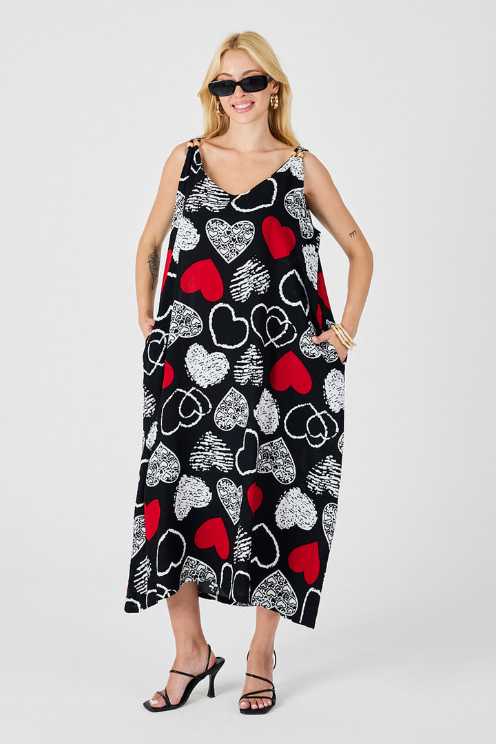 Red-Black Strappy Beaded Detail Loose Dress with Double Pockets Pattern BCVL-254027 - Marhanets