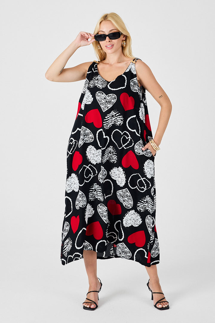 Red-Black Strappy Beaded Detail Loose Dress with Double Pockets Pattern BCVL-254027 - Marhanets