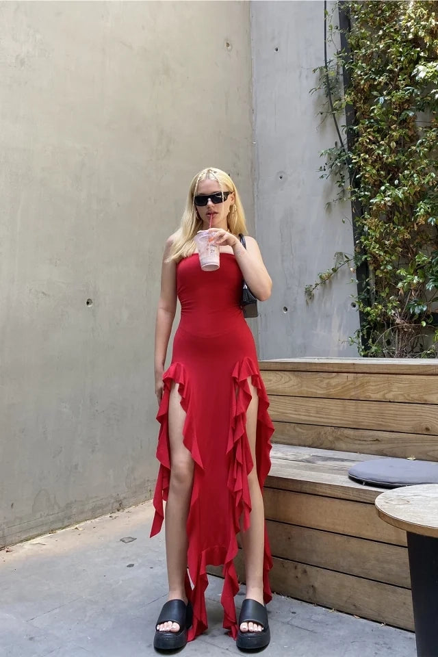 EYY Women Red Strapless Deep Slit Dress - Grande Prairie