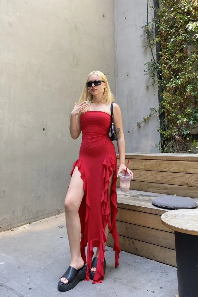 EYY Women Red Strapless Deep Slit Dress - Grande Prairie