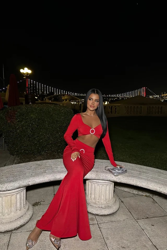 EYY Women Red Stone Detail Skirt Suit - Marino