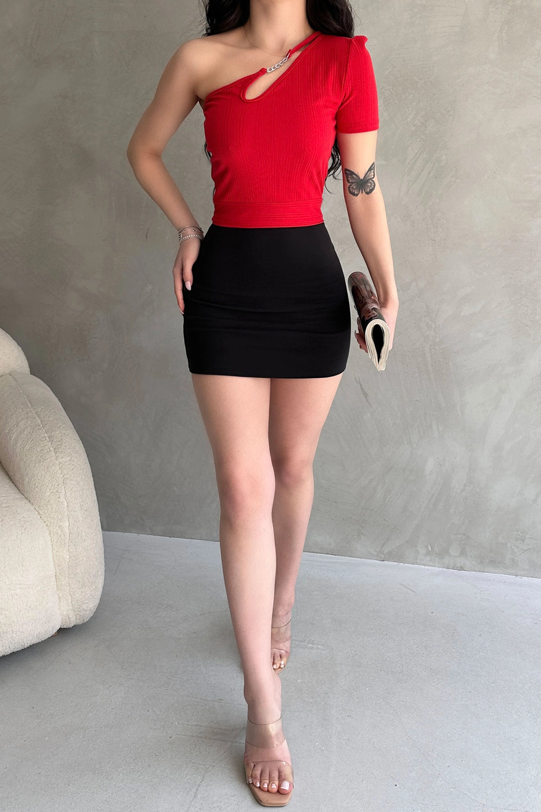 Red Single Shoulder Chain Detailed Crop Blouse BCDF-252179 - Thun