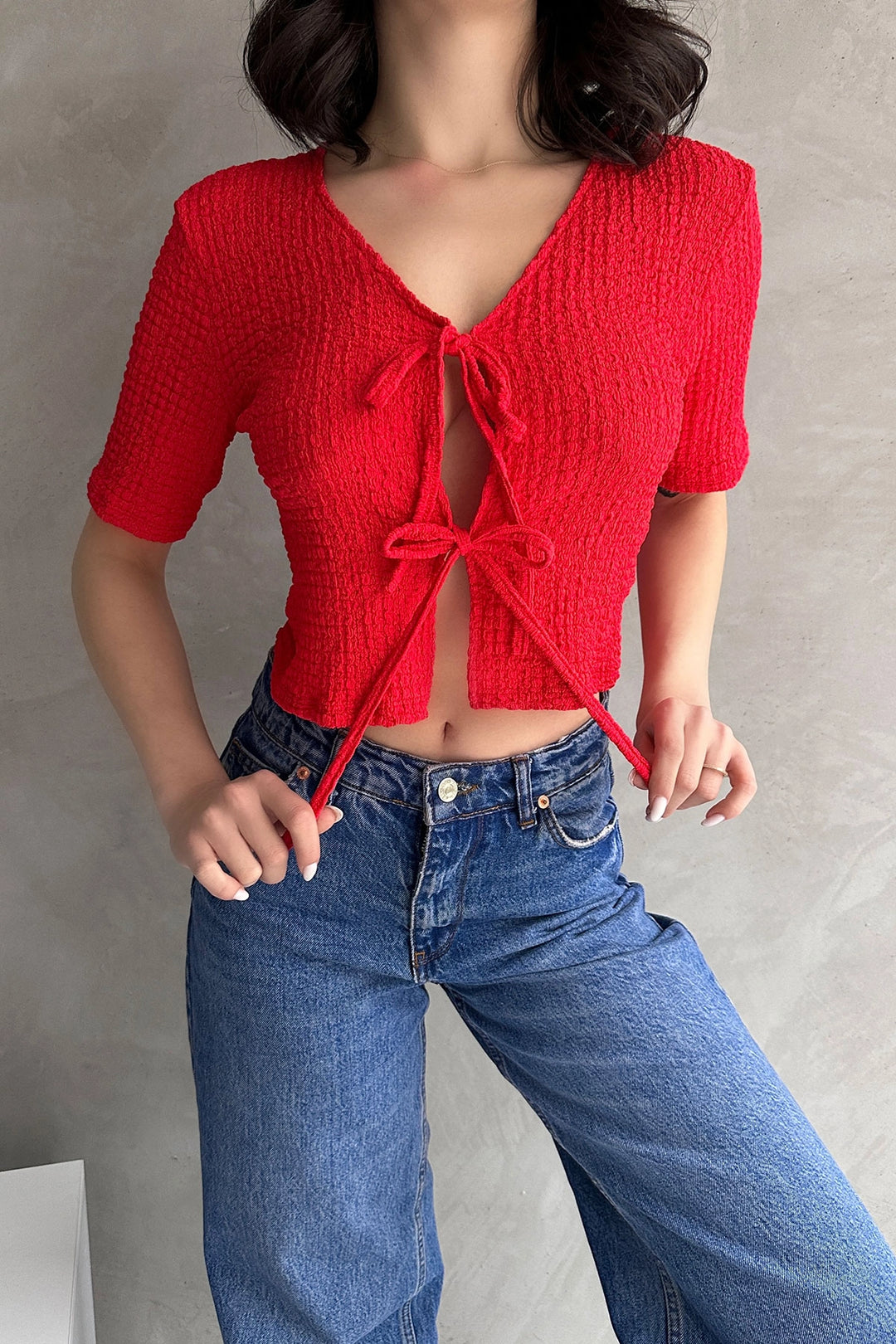 Red V-Neck Front Tie Waffle Crop Blouse BCDF-252169 - Chesapeake