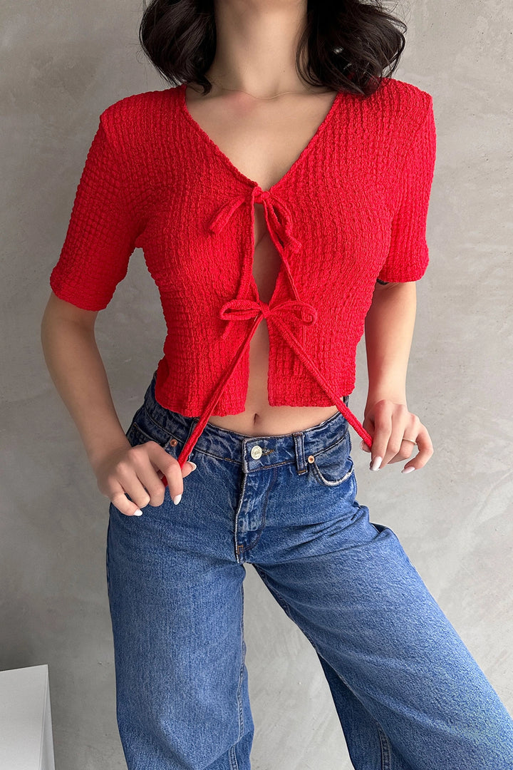 Red V-Neck Front Tie Waffle Crop Blouse BCDF-252169 - Chesapeake