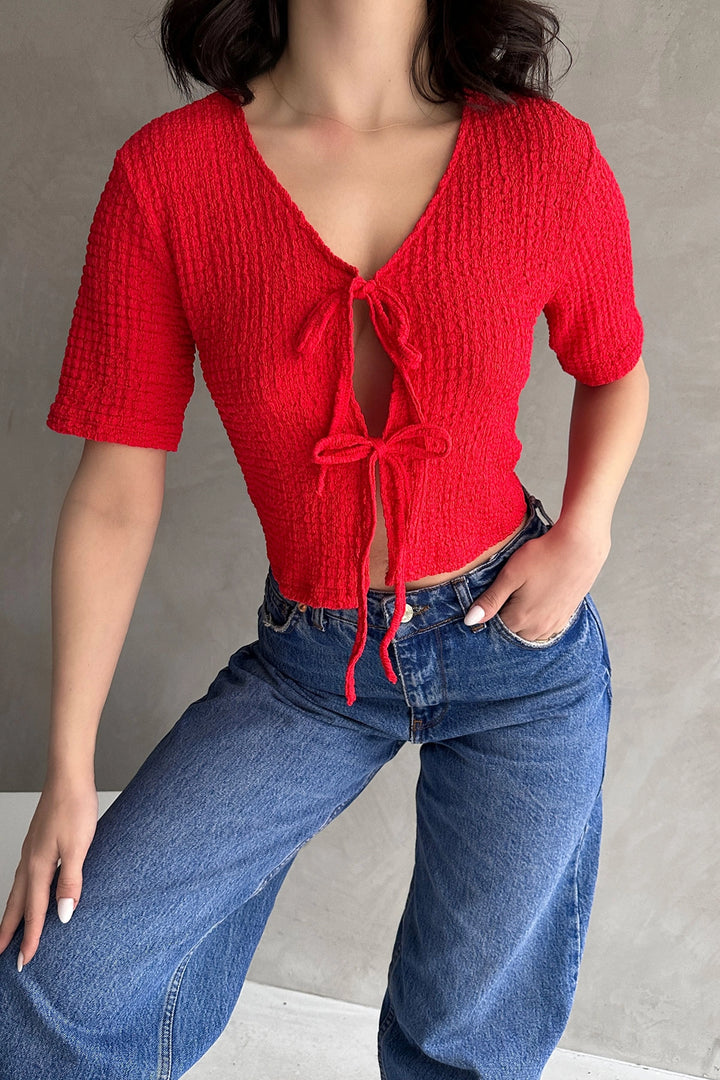 Red V-Neck Front Tie Waffle Crop Blouse BCDF-252169 - Chesapeake