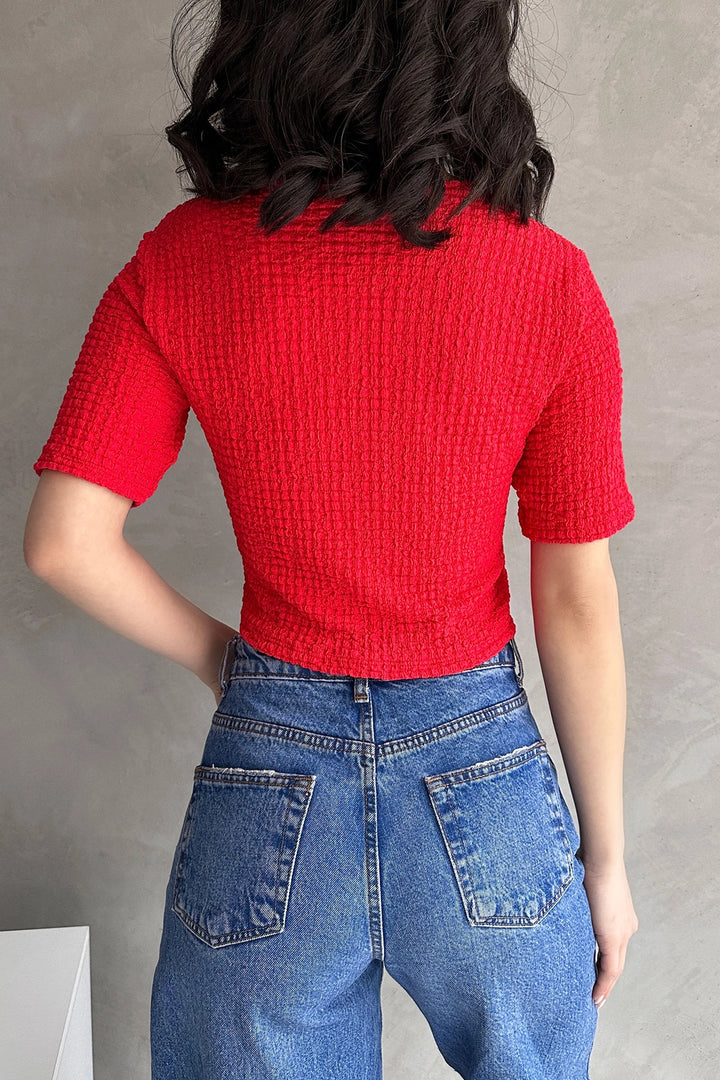 Red V-Neck Front Tie Waffle Crop Blouse BCDF-252169 - Chesapeake