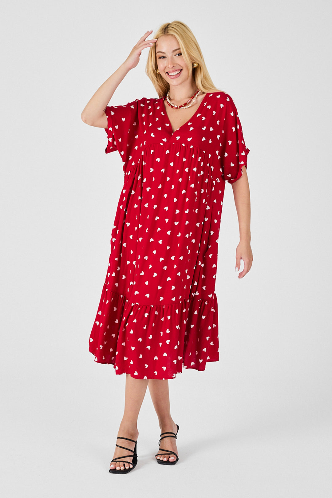 Red V-Neck Oversized Cut Patterned Double Pocket Ruffled Dress BCVL-254028 - Bassano del Grappa