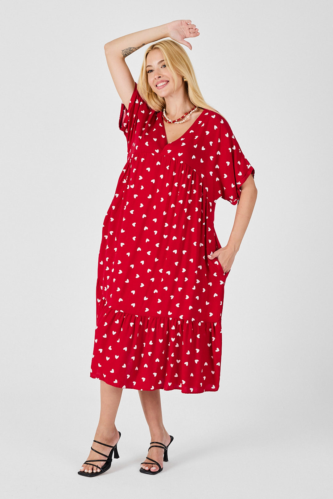 Red V-Neck Oversized Cut Patterned Double Pocket Ruffled Dress BCVL-254028 - Bassano del Grappa