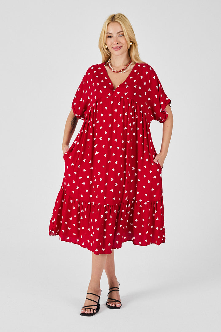 Red V-Neck Oversized Cut Patterned Double Pocket Ruffled Dress BCVL-254028 - Bassano del Grappa
