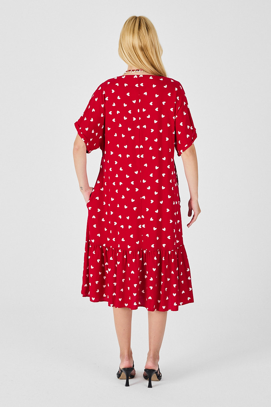 Red V-Neck Oversized Cut Patterned Double Pocket Ruffled Dress BCVL-254028 - Bassano del Grappa