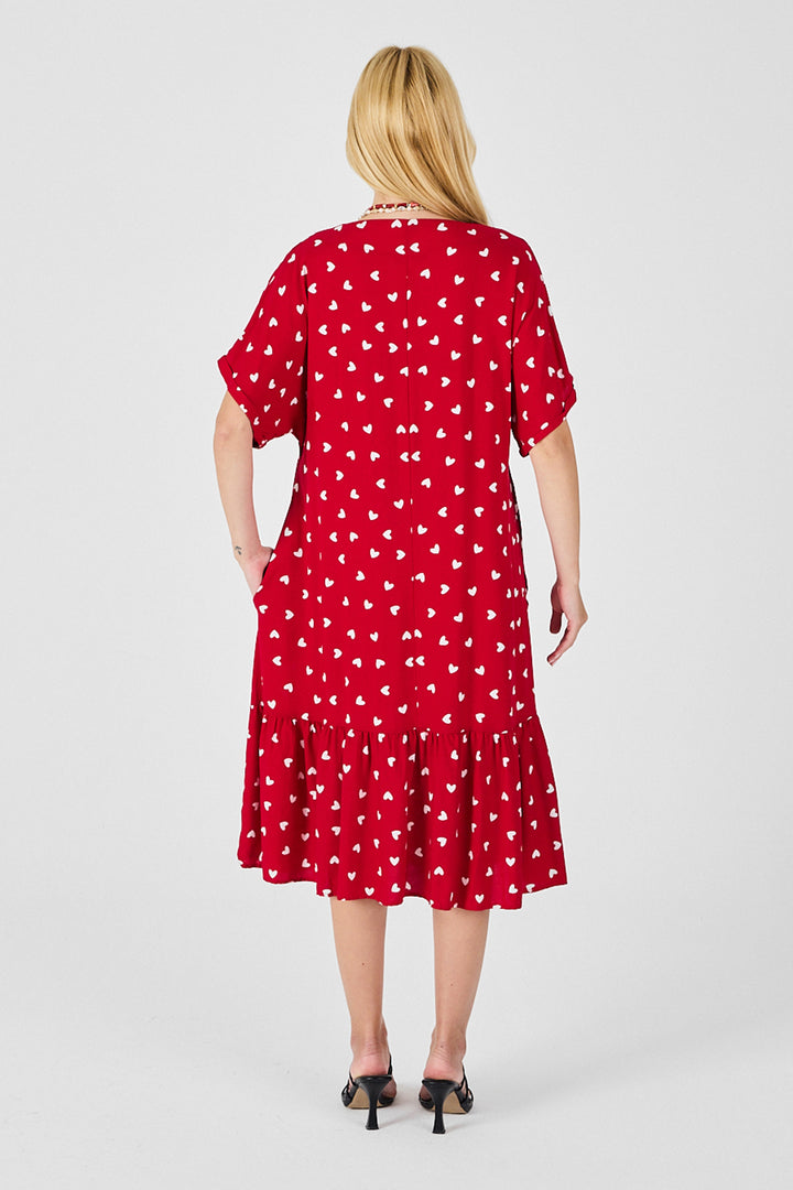 Red V-Neck Oversized Cut Patterned Double Pocket Ruffled Dress BCVL-254028 - Bassano del Grappa