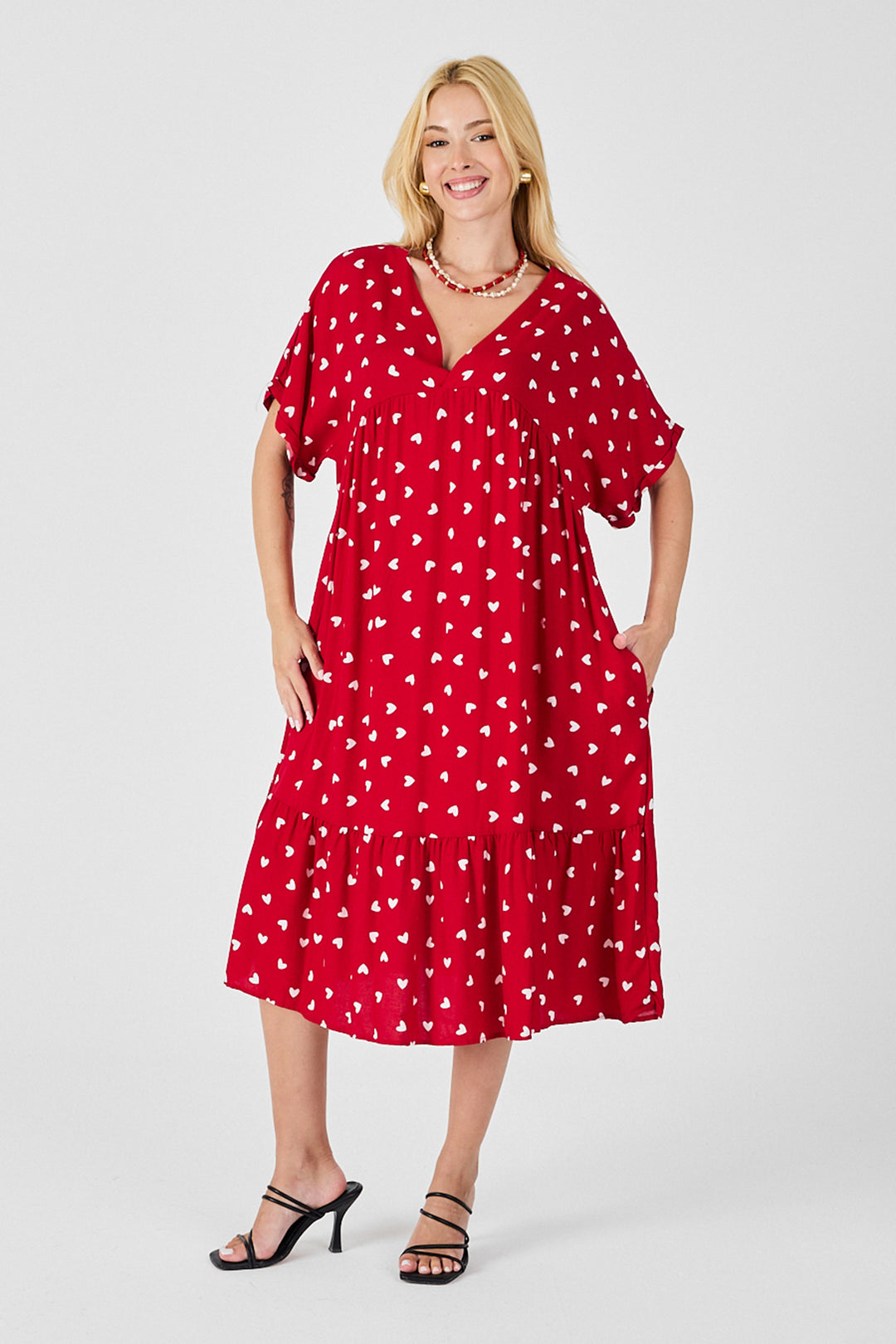 Red V-Neck Oversized Cut Patterned Double Pocket Ruffled Dress BCVL-254028 - Bassano del Grappa