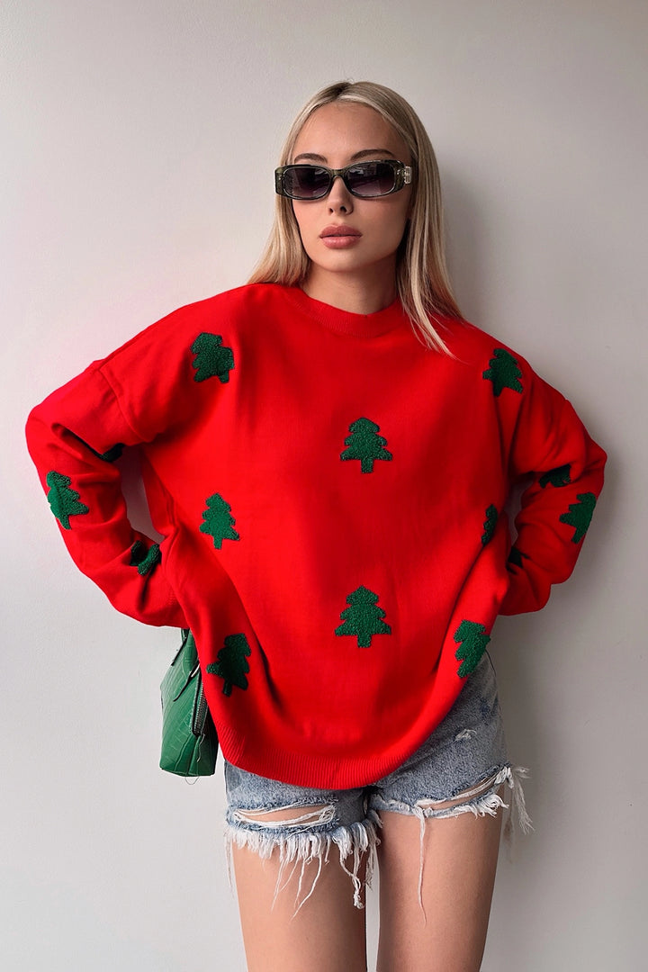 Red Christmas Themed Oversized Sweater BC231051 - Fajardo