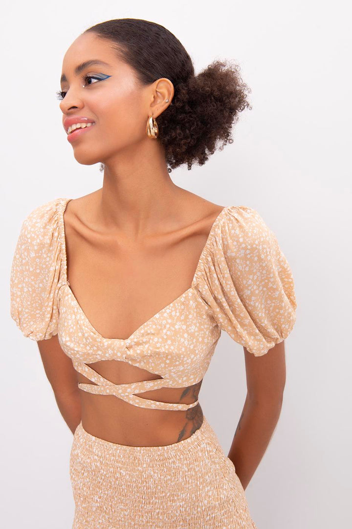 BSL Women Short Baloon Sleeve Cross Tie Waist Blouse - Danbury