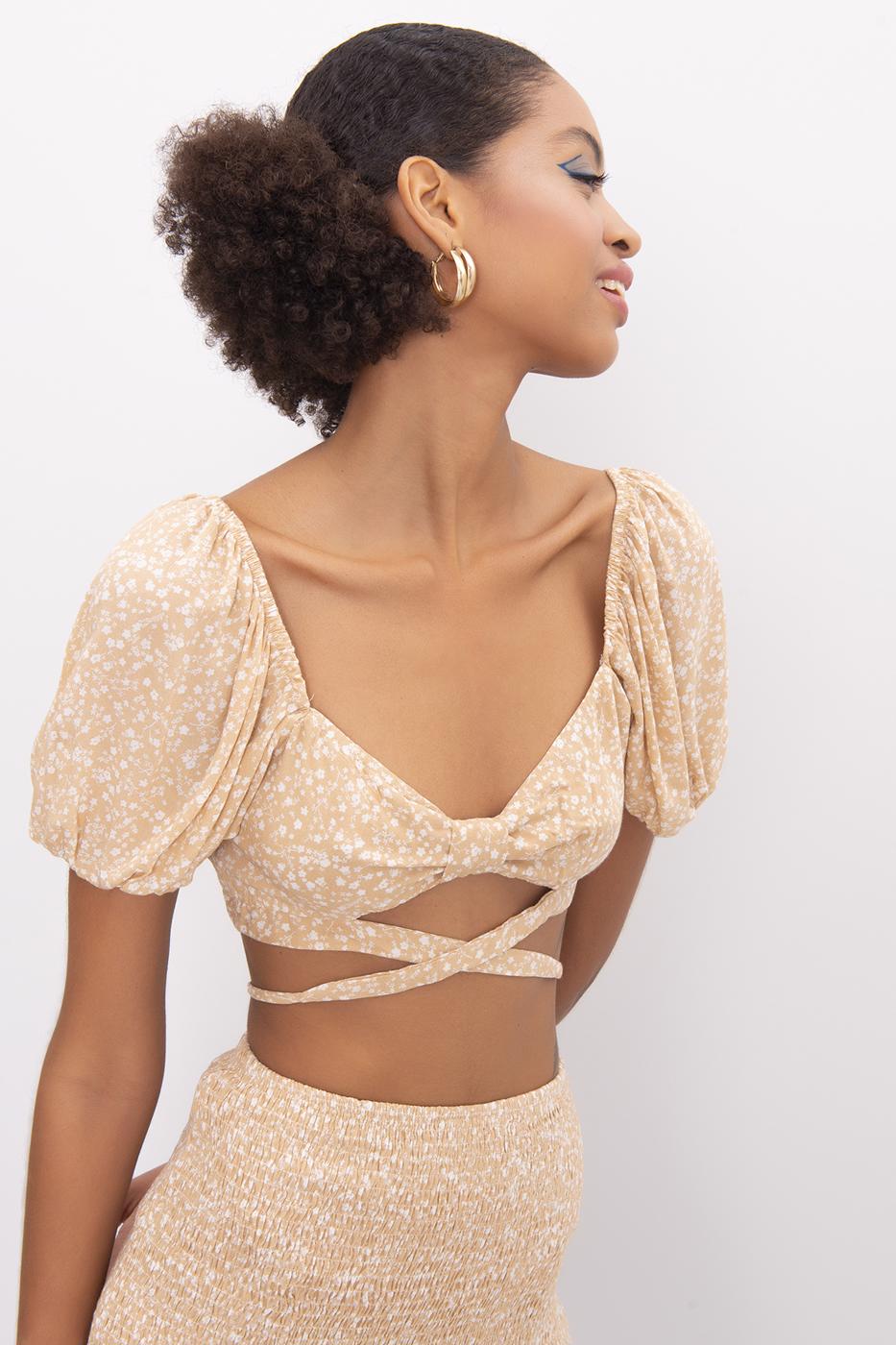 BSL Women Short Baloon Sleeve Cross Tie Waist Blouse - Danbury