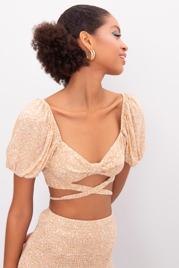BSL Women Short Baloon Sleeve Cross Tie Waist Blouse - Danbury