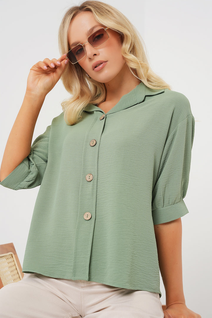 BGD Women Short Sleeve Oversized Linen Shirt 20240 - Chartreuse - Skelmersdale