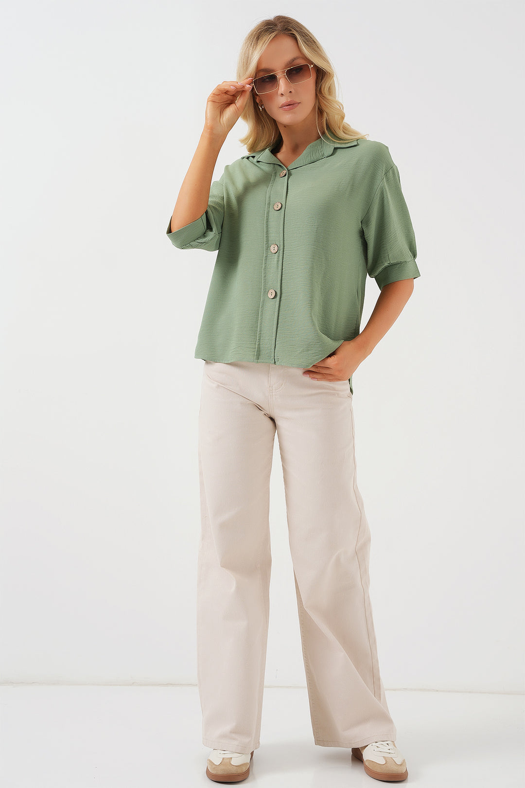 BGD Women Short Sleeve Oversized Linen Shirt 20240 - Chartreuse - Skelmersdale