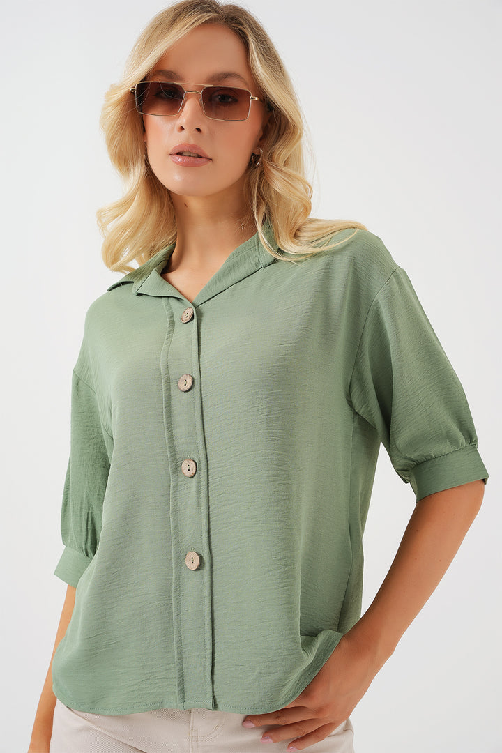 BGD Women Short Sleeve Oversized Linen Shirt 20240 - Chartreuse - Skelmersdale