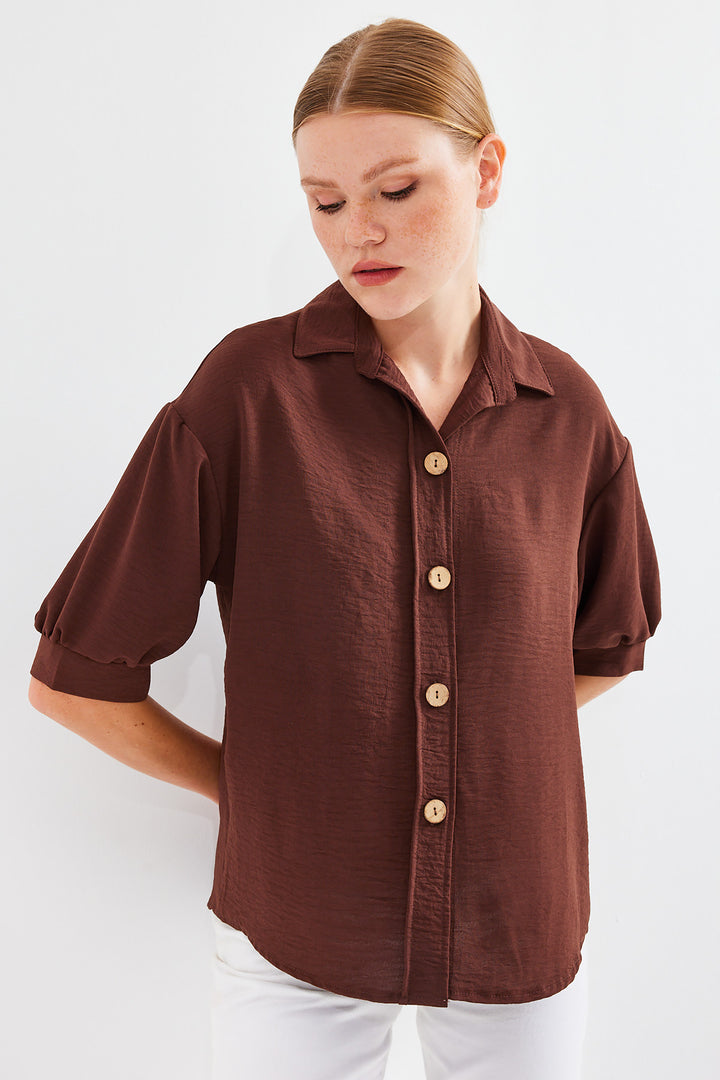 BGD Women Short Sleeve Oversized Linen Shirt 20240 - Brown - Avondale