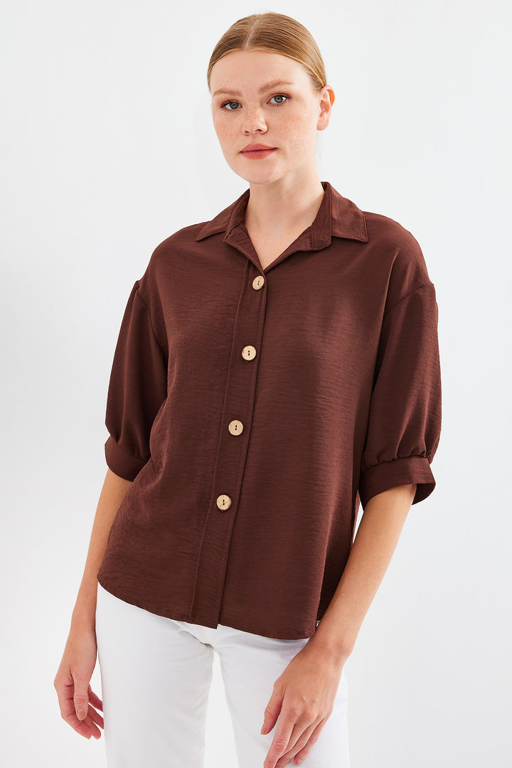 BGD Women Short Sleeve Oversized Linen Shirt 20240 - Brown - Avondale