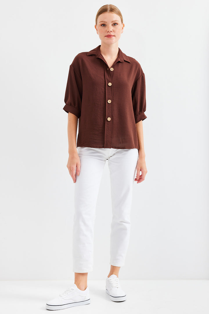 BGD Women Short Sleeve Oversized Linen Shirt 20240 - Brown - Avondale