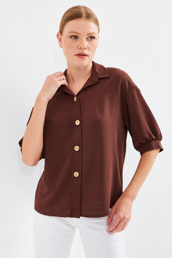 BGD Women Short Sleeve Oversized Linen Shirt 20240 - Brown - Avondale