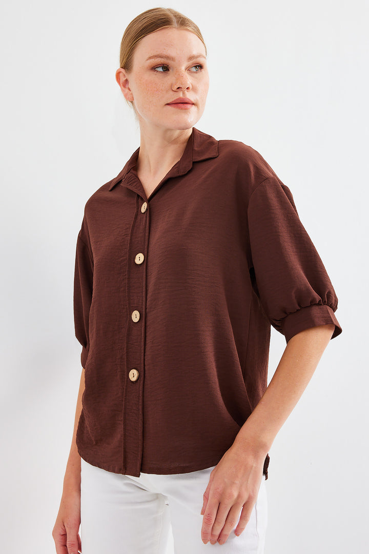 BGD Women Short Sleeve Oversized Linen Shirt 20240 - Brown - Avondale