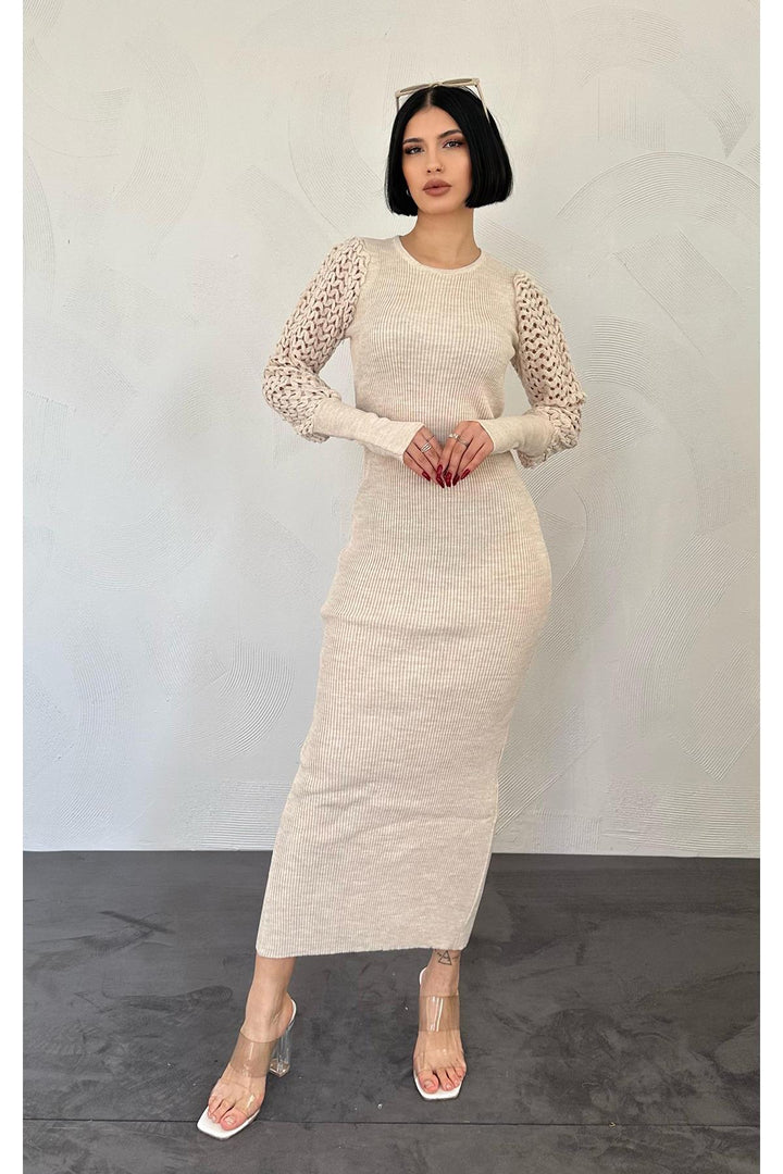 ELS Knit Dress with Braided Sleeves - Stone - Siegen