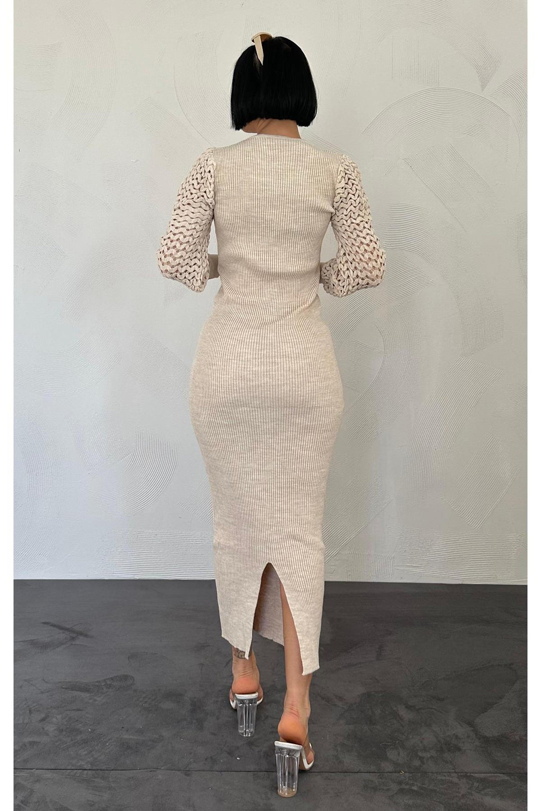 ELS Knit Dress with Braided Sleeves - Stone - Siegen