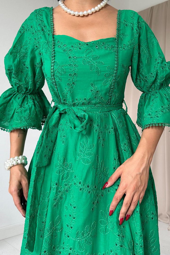 ELS Elastic Sleeve Embroidered Dress - Green - Hoogeveen